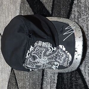 BKE BLACK EMBROIDERED RHINESTONES SILVER SHINE CROSS STITCH CAP HAT